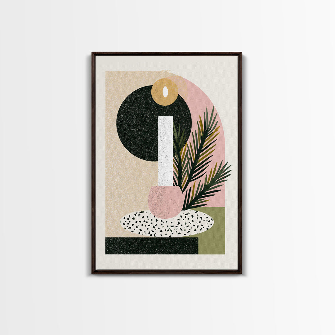 Hygge Candle and Pine Branch Still Life Framed Canvas Print, Scandinavian Art, Canvas Art, Living Room Decor, Fine Art, Nordic, SCA-2x3-12