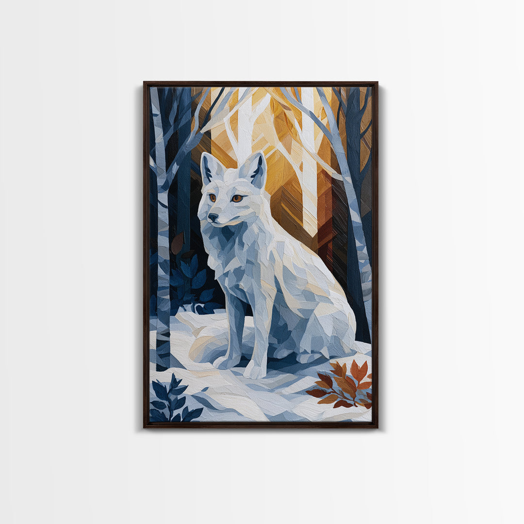 White Fox in Quiet Snow Framed Canvas Print, Scandinavian Art, Boho Wall Decor, Living Room Decor, Oil Painting, Nordic, SCA-2x3-20