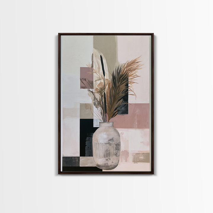 Ceramic Vase with Dried Grasses Framed Canvas Print, Scandinavian Art, Abstract Art, Living Room Decor, Oil Painting, Nordic, SCA-2x3-21