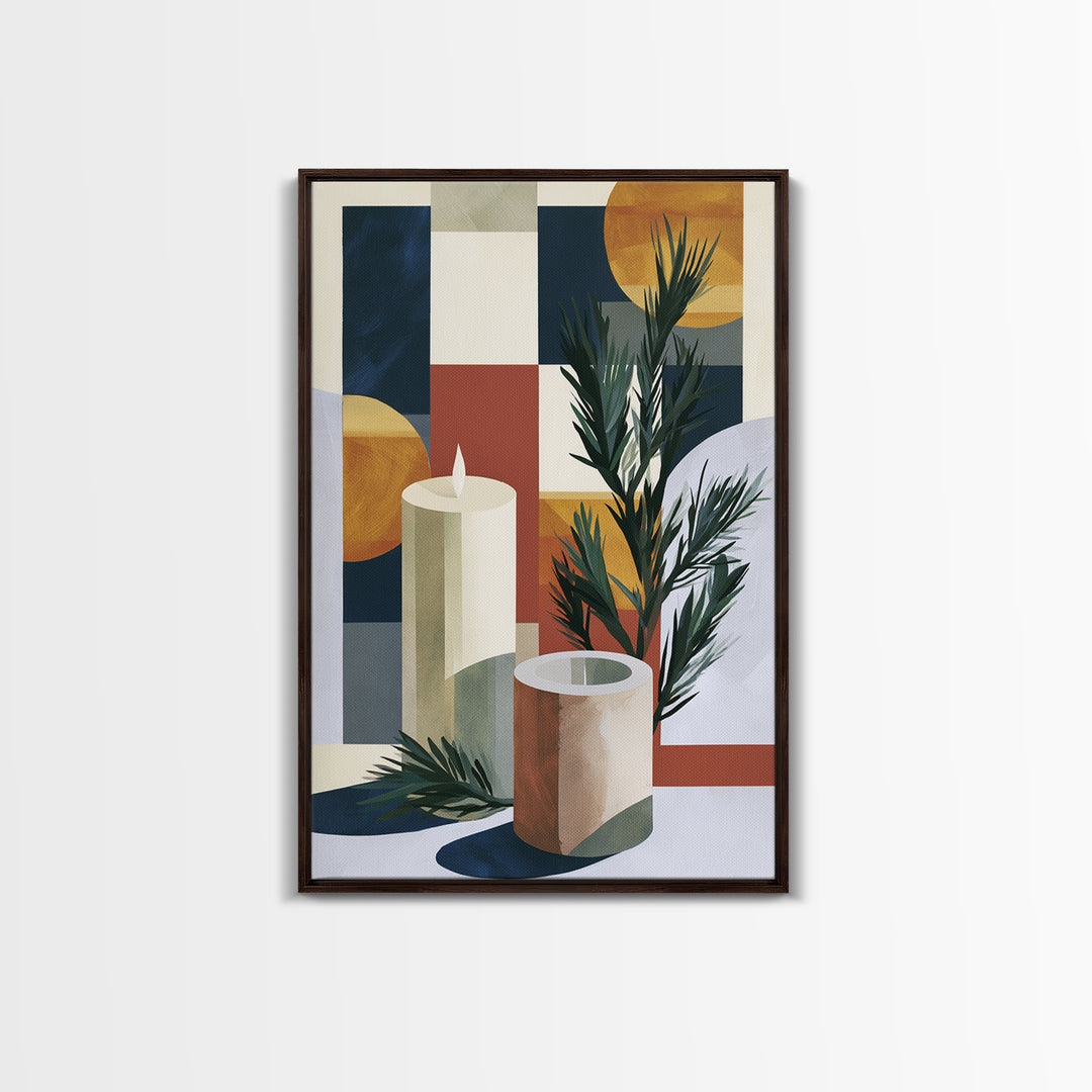 Hygge Candle and Pine Branch Still Life Framed Canvas Print, Scandinavian Art, Textured Painting, Living Room Decor, Nordic, SCA-2x3-36