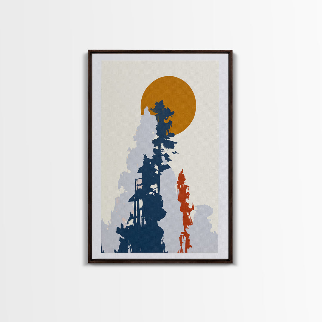 Minimal Sun over Pine Forest Framed Canvas Print, Scandinavian Art, Abstract Painting, Living Room Decor, Fine Art, Nordic, SCA-2x3-73