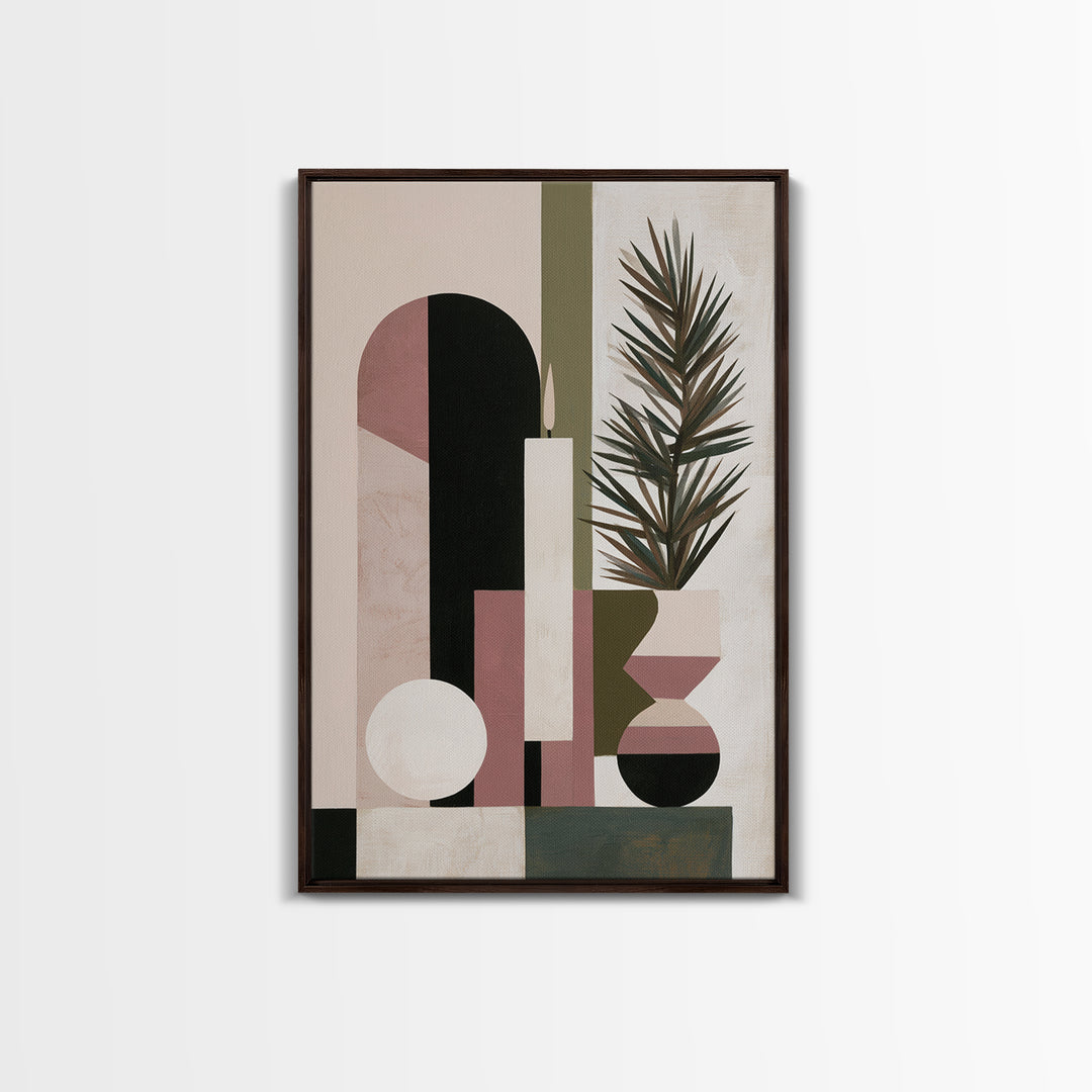 Hygge Candle and Pine Branch Still Life Framed Canvas Print, Scandinavian Art, Wall Art, Living Room Decor, Watercolor Art, SCA-2x3-84