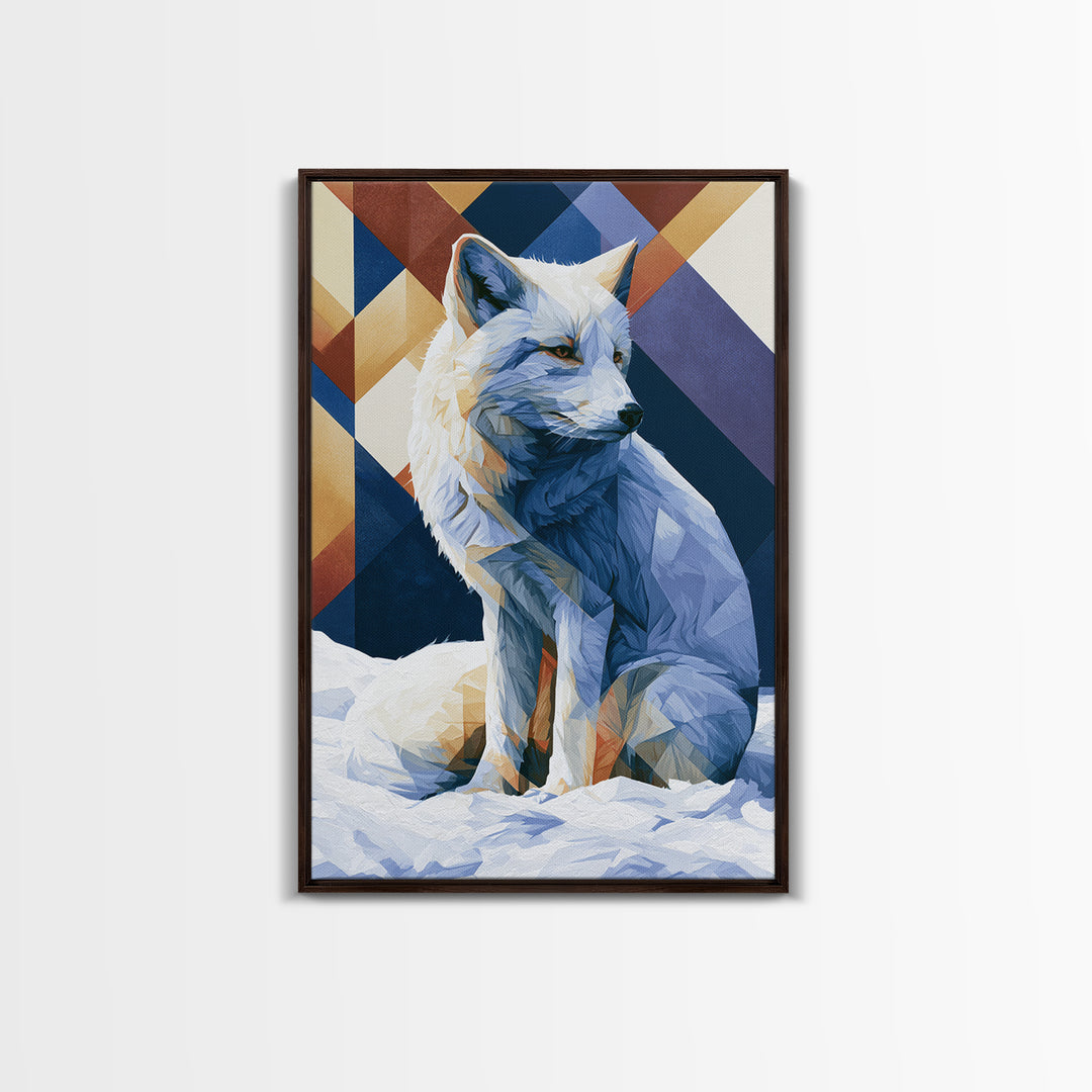 White Fox in Quiet Snow Framed Canvas Print, Scandinavian Art, Mid Century Modern, Living Room Decor, Abstract Art, Nordic, SCA-2x3-92