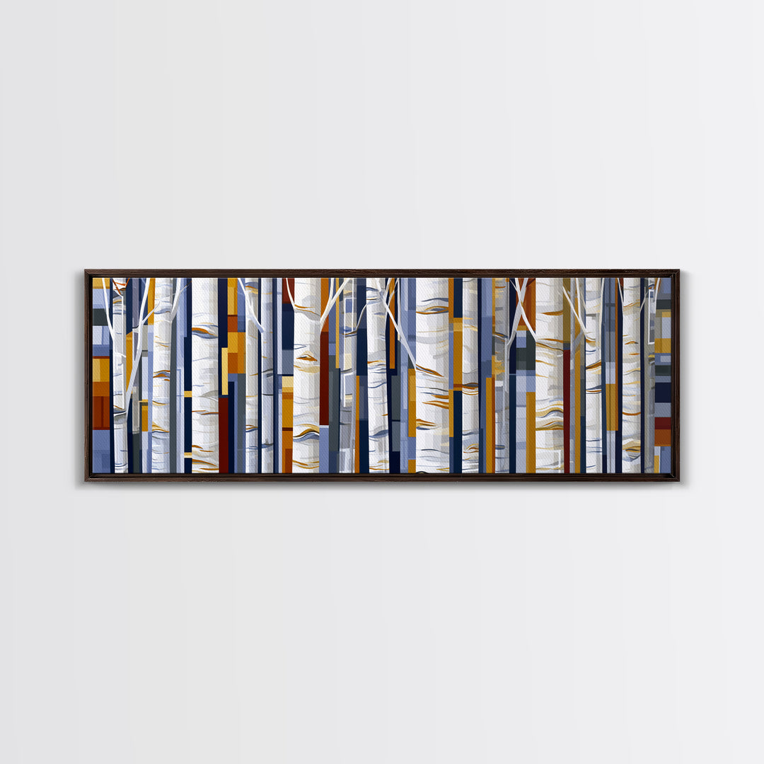 Birch Tree Trunks Framed Canvas Print, Scandinavian Art, Abstract Painting, Living Room Decor, Fine Art, Nordic, SCA-3x1-1