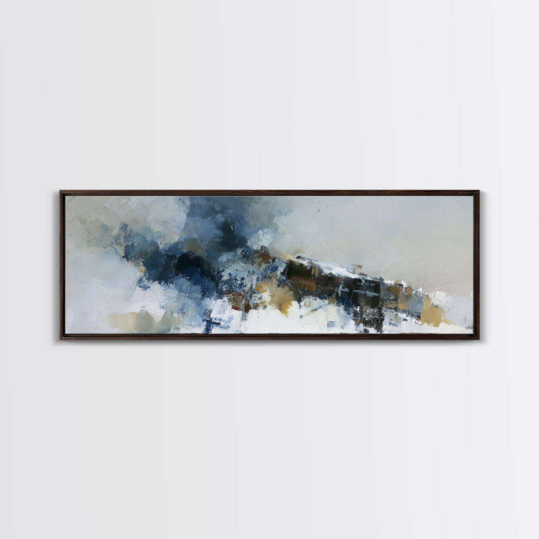 Winter Cabin Smoke Framed Canvas Print, Scandinavian Art, Oil Painting, Living Room Decor, Fine Art, Nordic, Boho Wall Decor, SCA-3x1-10