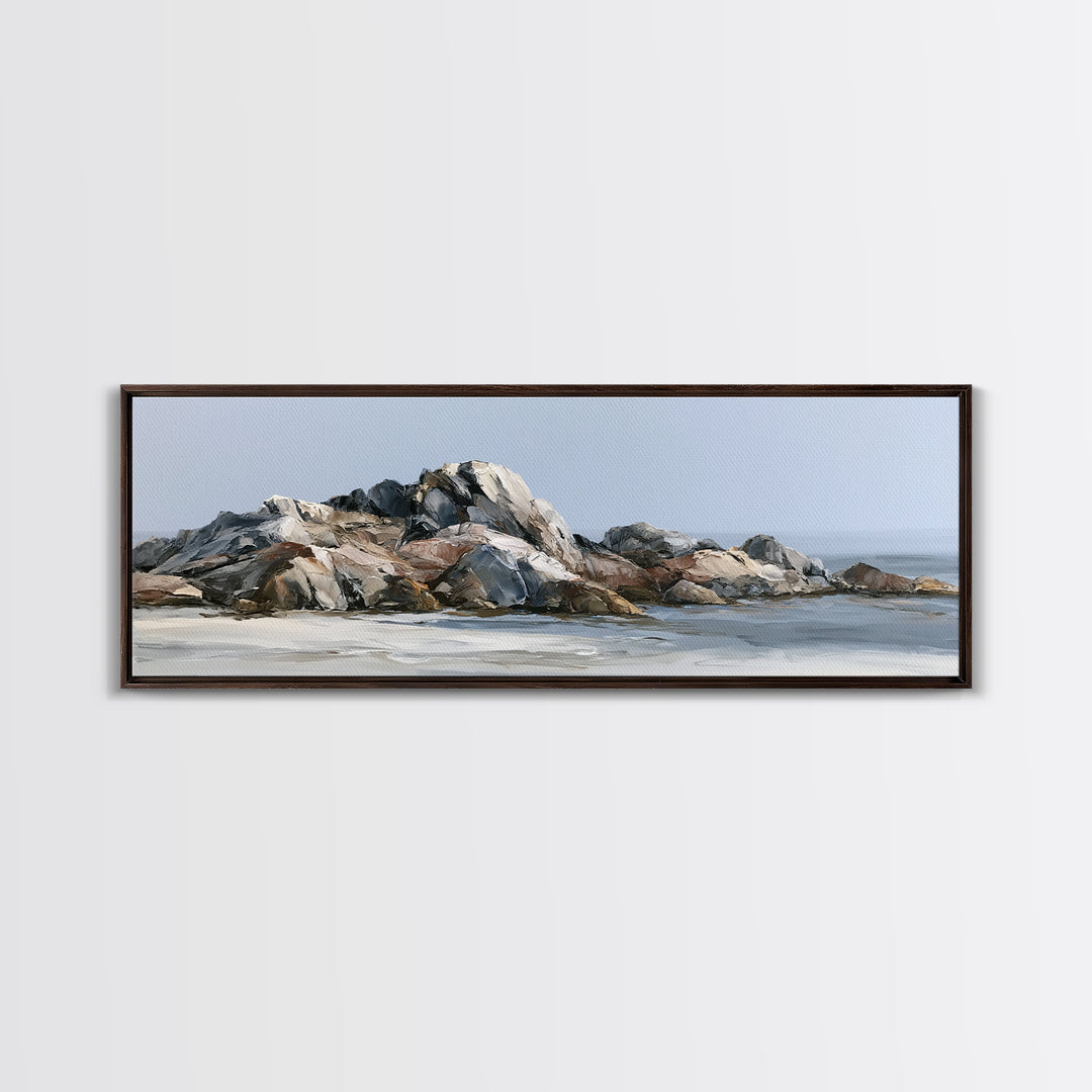 Quiet Coastal Rocks and Gray Sea Framed Canvas Print, Scandinavian Art, Fine Art Print, Living Room Decor, Fine Art, Nordic, SCA-3x1-15