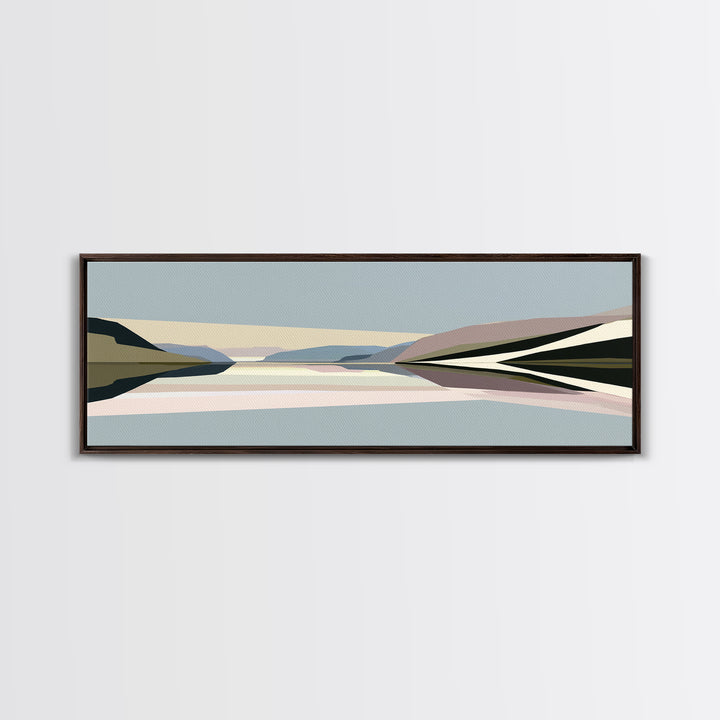 Minimal Fjord Landscape Framed Canvas Print, Scandinavian Art, Living Room Decor, Nordic, Gallery Decor, Neutral Decor, SCA-3x1-18