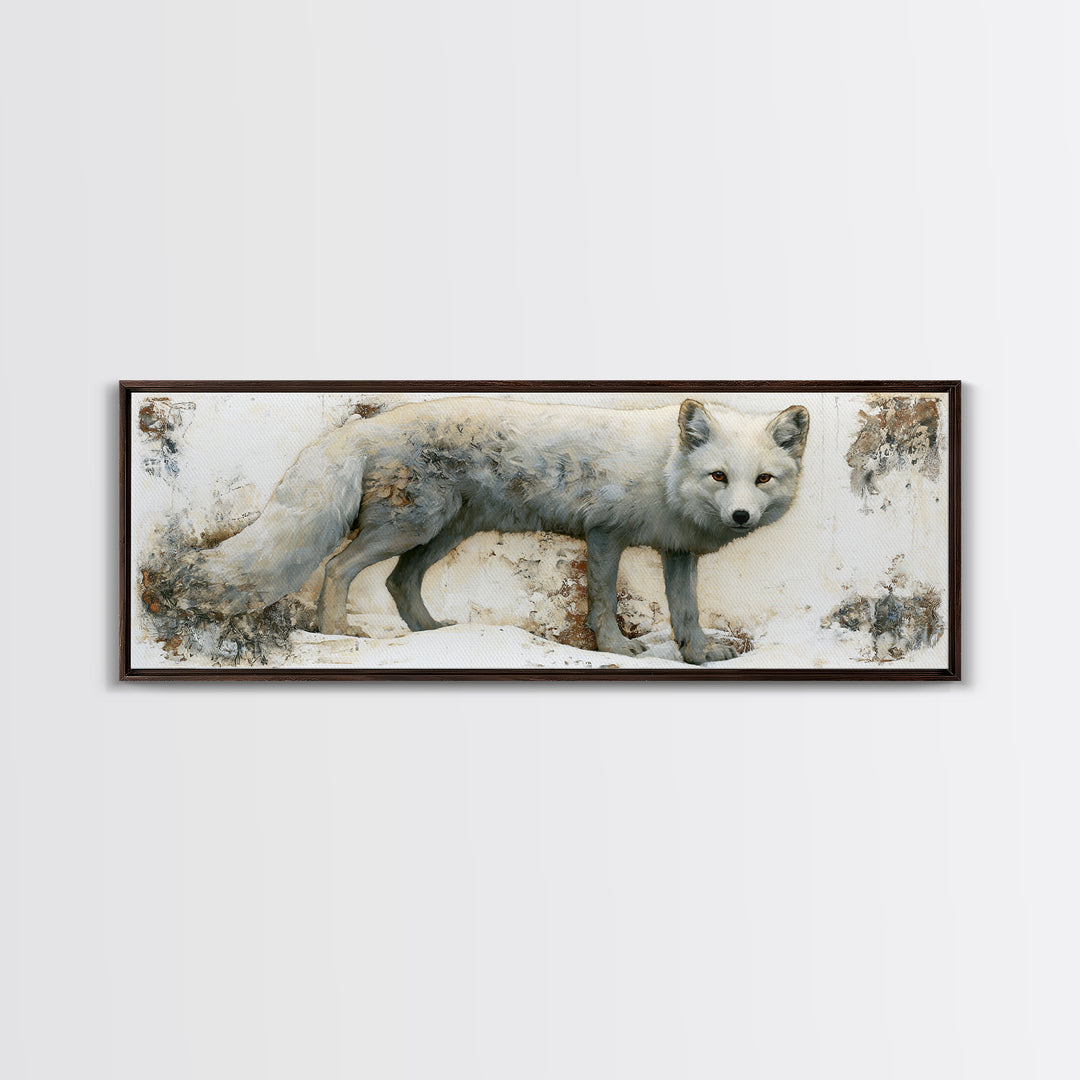 White Fox in Quiet Snow Framed Canvas Print, Scandinavian Art, Scandinavian, Living Room Decor, Oil Painting, Nordic, SCA-3x1-28