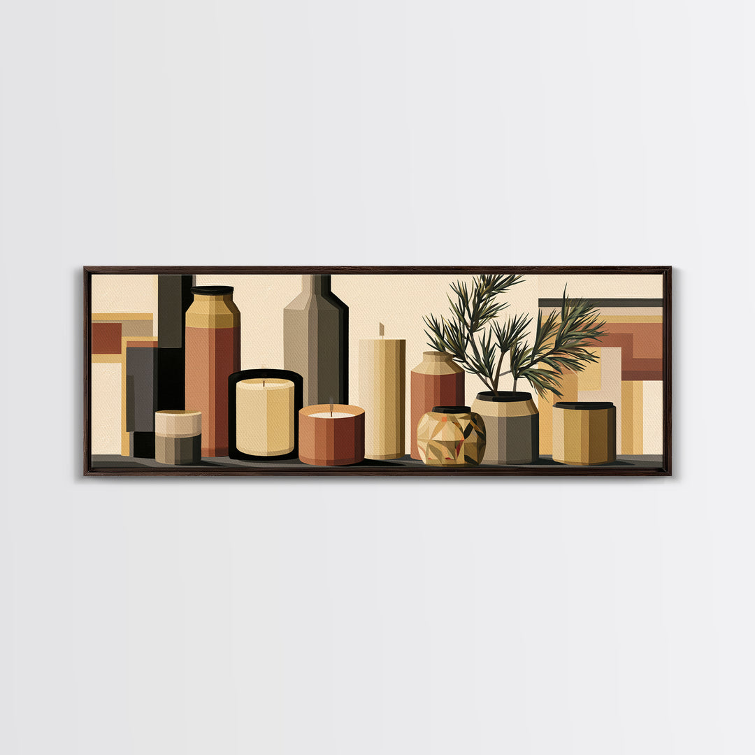 Hygge Candle and Pine Branch Still Life Framed Canvas Print, Scandinavian Art, Fine Art Print, Living Room Decor, SCA-3x1-44