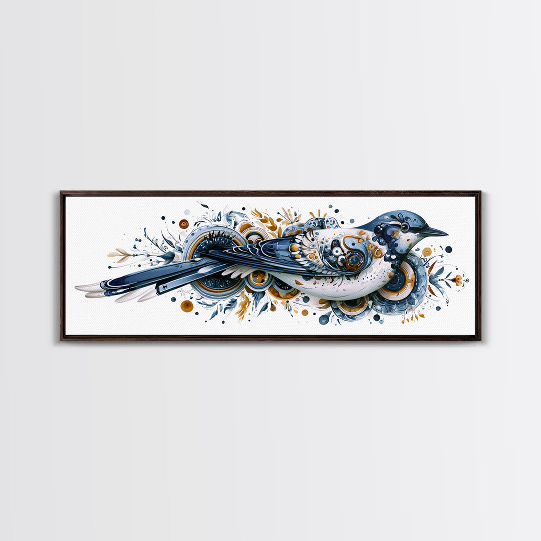 Nordic Folk Bird Framed Canvas Print, Scandinavian Art, Digital Wall Art, Living Room Decor, Fine Art, Nordic, Boho Decor, SCA-3x1-51