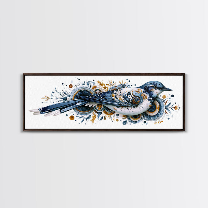 Nordic Folk Bird Framed Canvas Print, Scandinavian Art, Digital Wall Art, Living Room Decor, Fine Art, Nordic, Boho Decor, SCA-3x1-51