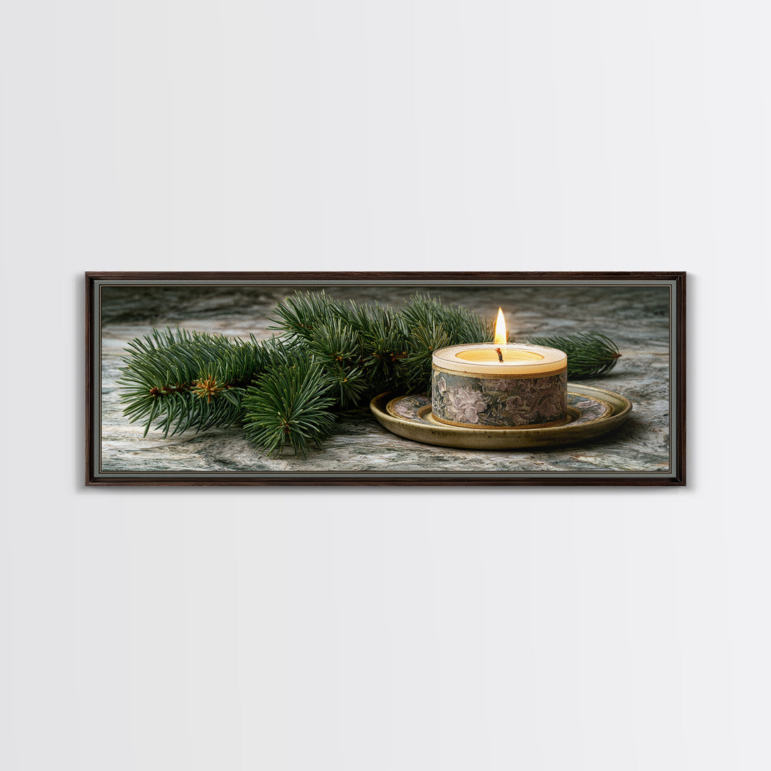 Hygge Candle and Pine Branch Still Life Framed Canvas Print, Scandinavian Art, Wall Decor, Living Room Decor, Fine Art, Nordic, SCA-3x1-68