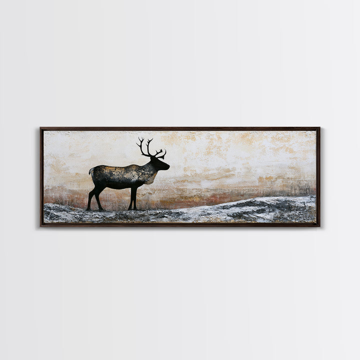 Reindeer Silhouette in Snowy Landscape Canvas Print, Scandinavian Art, Modern Art, Living Room Decor, Fine Art, Nordic, SCA-3x1-94