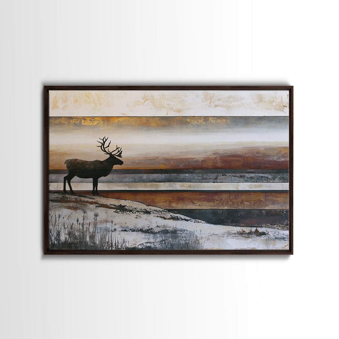 Reindeer Silhouette in Snowy Landscape Framed Canvas Print, Scandinavian Art, Boho Wall Decor, Living Room Decor, Oil Painting, SCA-3x2-10