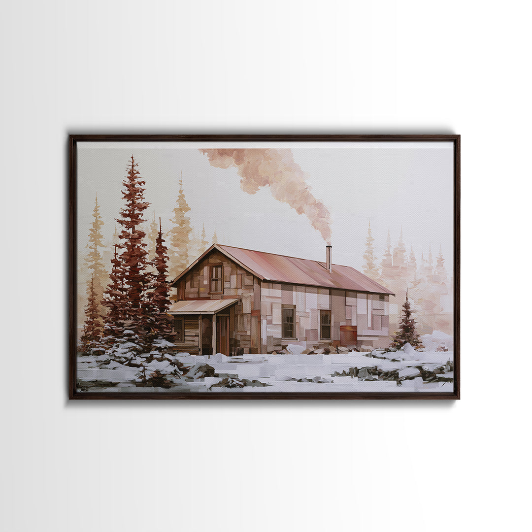 Winter Cabin Smoke Canvas Print, Scandinavian Art, Boho Wall Art, Living Room Decor, Oil Painting, Nordic, Modern Decor, SCA-3x2-22