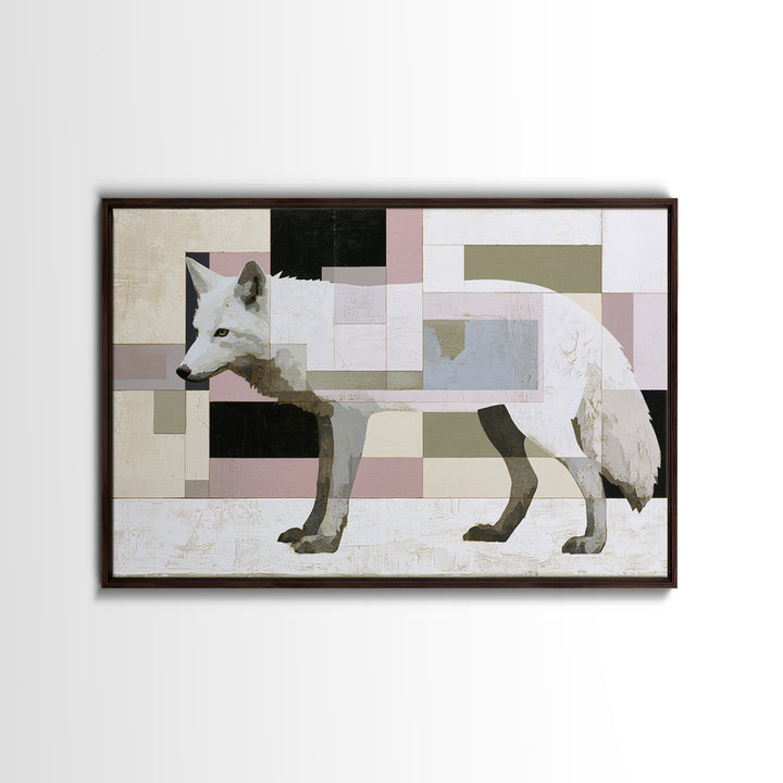 White Fox in Quiet Snow Framed Canvas Print, Scandinavian Art, Textured Painting, Living Room Decor, Oil Painting, Nordic, SCA-3x2-40