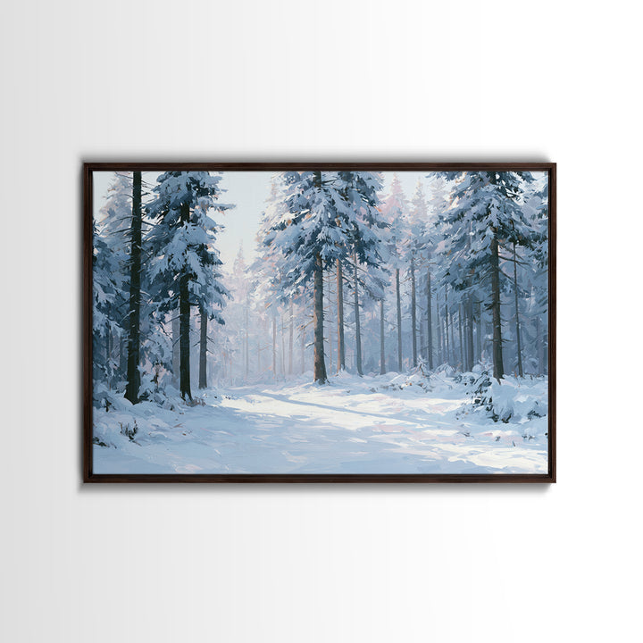 Snowy Nordic Forest Framed Canvas Print, Scandinavian Art, Statement Artwork, Living Room Decor, Oil Painting, Nordic, SCA-3x2-5
