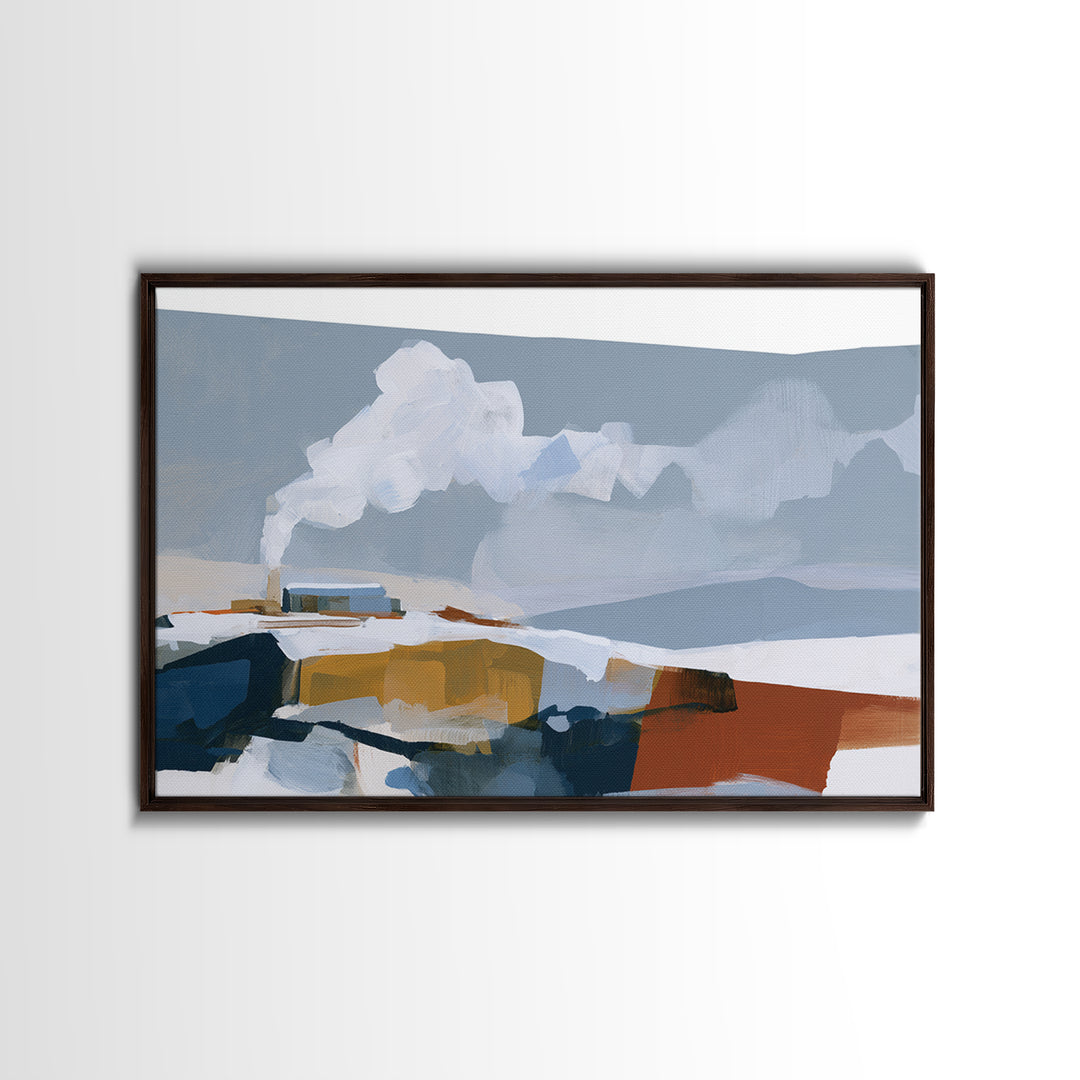 Winter Cabin Smoke Framed Canvas Print, Scandinavian Art, Living Room Wall Art, Living Room Decor, Fine Art, Nordic, SCA-3x2-70