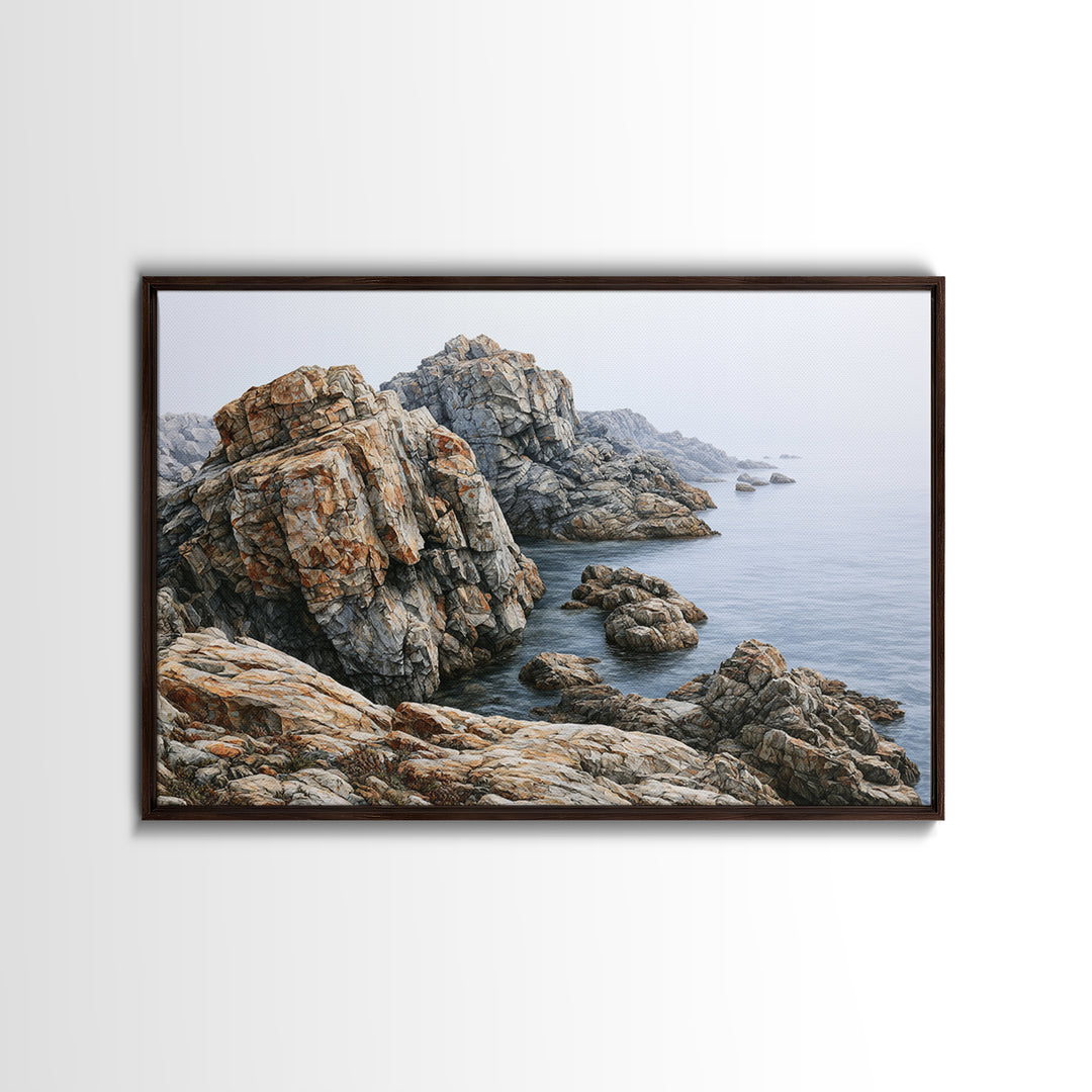 Quiet Coastal Rocks and Gray Sea Canvas Print, Scandinavian Art, Farmhouse Decor, Living Room Decor, Fine Art, Nordic, SCA-3x2-75