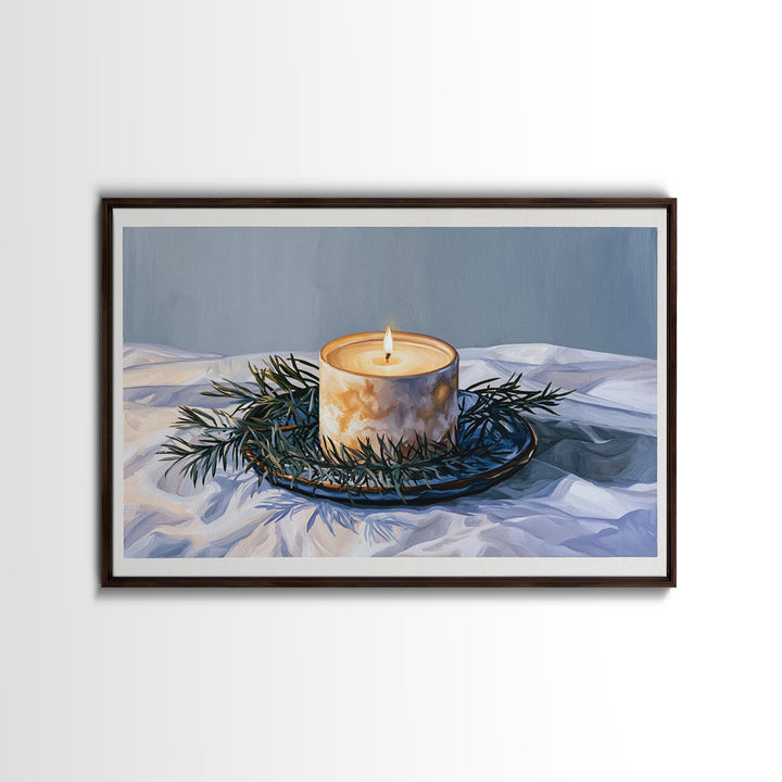 Hygge Candle and Pine Branch Still Life Framed Canvas Print, Scandinavian Art, Gallery Decor, Living Room Decor, Nordic, SCA-3x2-8