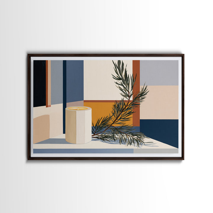 Hygge Candle and Pine Branch Still Life Framed Canvas Print, Scandinavian Art, Digital Wall Art, Living Room Decor, Nordic, SCA-3x2-80