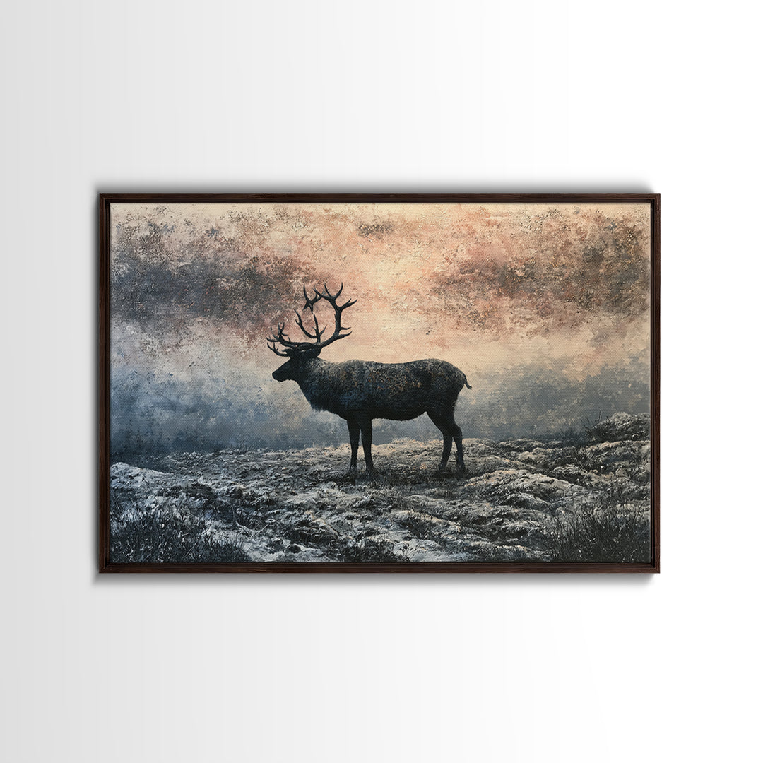 Reindeer Silhouette in Snowy Landscape Framed Canvas Print, Scandinavian Art, Statement Artwork, Living Room Decor, Nordic, SCA-3x2-82