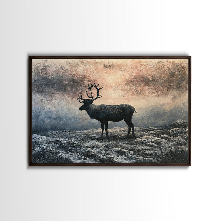 Reindeer Silhouette in Snowy Landscape Framed Canvas Print, Scandinavian Art, Statement Artwork, Living Room Decor, Nordic, SCA-3x2-82