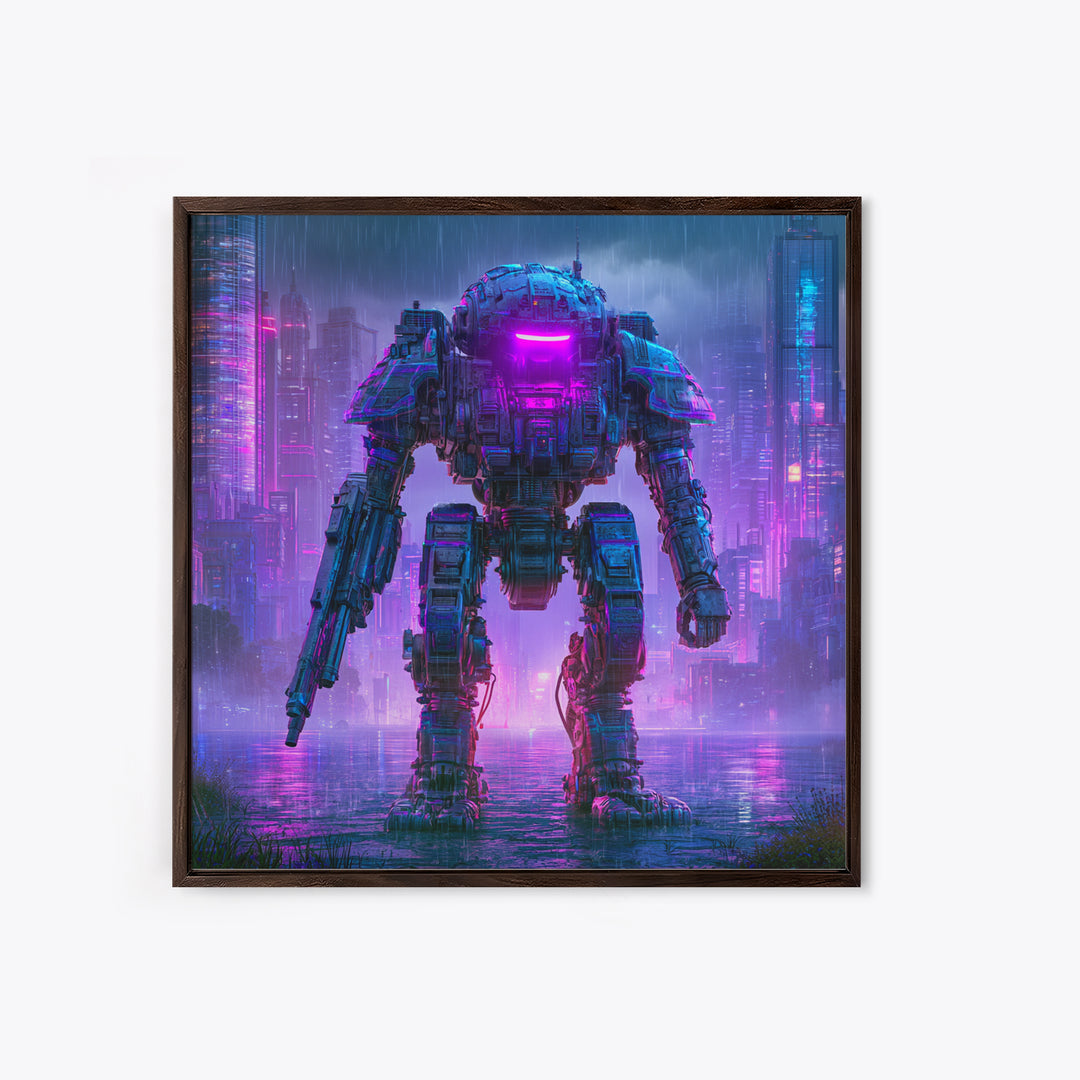 Mech Silhouette in Rainy Neon City Canvas Print, Scifi Art, Retro Wall Art, Living Room Decor, Oil Painting, Orbit, Fantasy Art, SCI-1x1-15