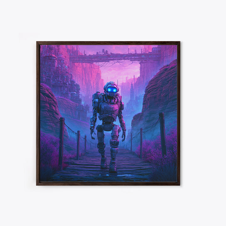Robot Companion Crossing a Red Canyon Framed Canvas Print, Scifi Art, Decor, Living Room Decor, Orbit, Mid Century Art, SCI-1x1-28