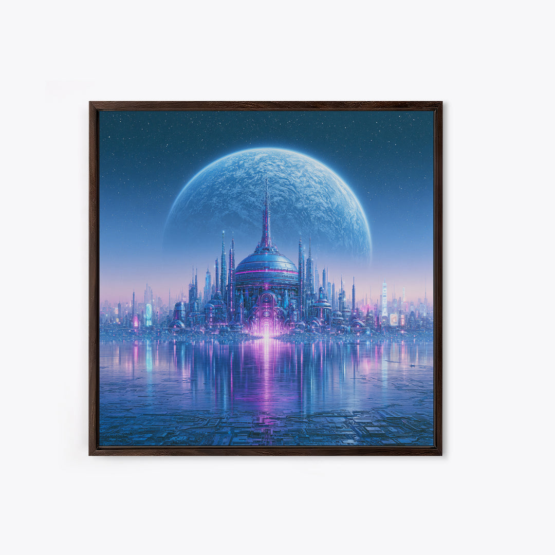 Moon Colony Beneath Earth Rise Framed Canvas Print, Scifi Art, Weird Art, Living Room Decor, Abstract Art, Orbit, Art Print, SCI-1x1-42