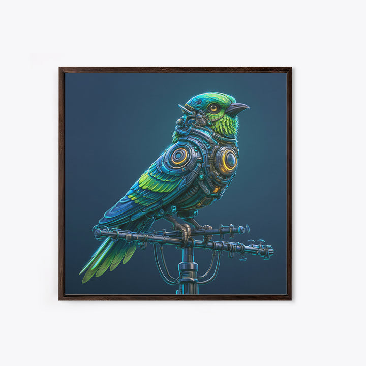 Robot Bird Perched on Antenna Framed Canvas Print, Scifi Art, Modern Art, Living Room Decor, Orbit, Retro Futurism Art, SCI-1x1-47