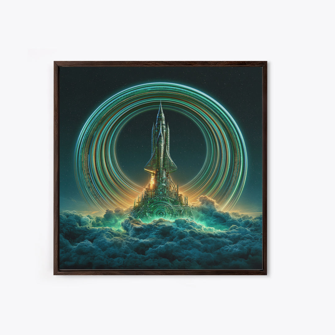 Retro Rocket Launching Through Cloud Rings Framed Canvas Print, Scifi Art, Boho Decor, Living Room Decor, Oil Painting, Orbit, SCI-1x1-79