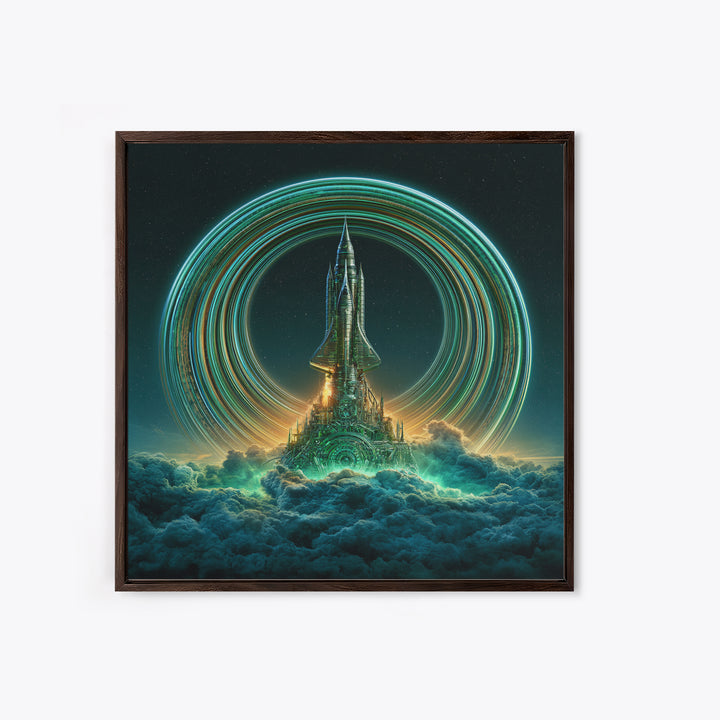 Retro Rocket Launching Through Cloud Rings Framed Canvas Print, Scifi Art, Boho Decor, Living Room Decor, Oil Painting, Orbit, SCI-1x1-79