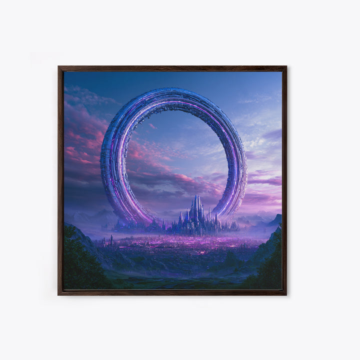 Giant Ring World Seen from a Valley Framed Canvas Print, Scifi Art, Fine Art Print, Living Room Decor, Fine Art, Orbit, SCI-1x1-80