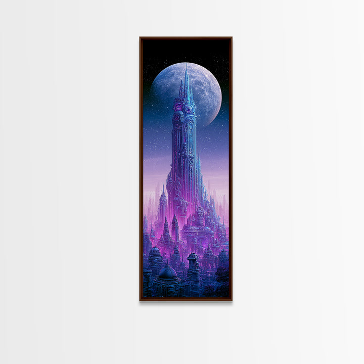 Futuristic City on a Moonlit World Framed Canvas Print, Scifi Art, Ai Art, Living Room Decor, Abstract Art, Orbit, SCI-1x3-15