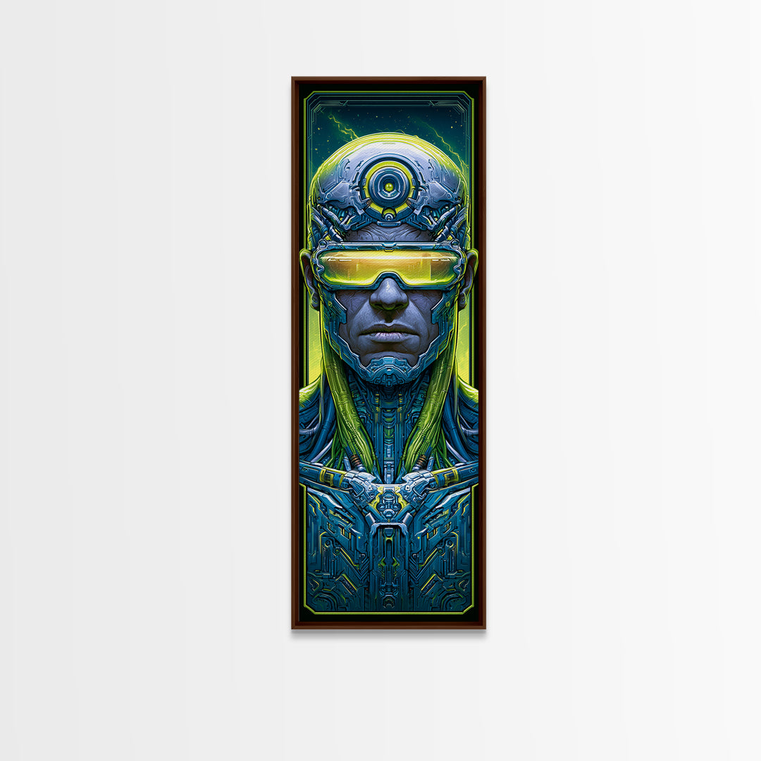 Cyborg Portrait with Reflective Visor Framed Canvas Print, Scifi Art, Wall Art, Living Room Decor, Oil Painting, Orbit, SCI-1x3-45