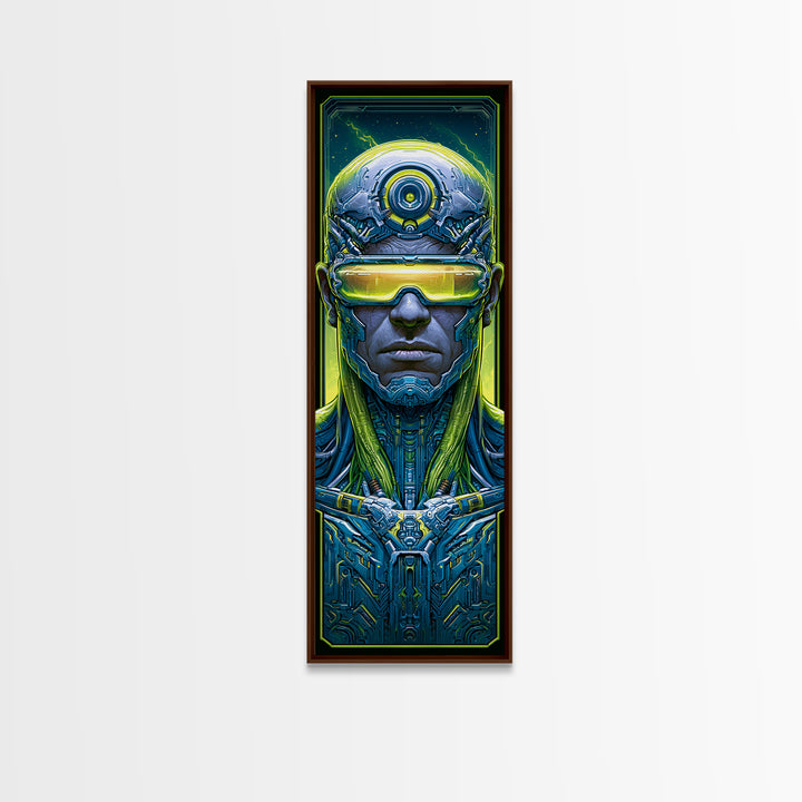 Cyborg Portrait with Reflective Visor Framed Canvas Print, Scifi Art, Wall Art, Living Room Decor, Oil Painting, Orbit, SCI-1x3-45