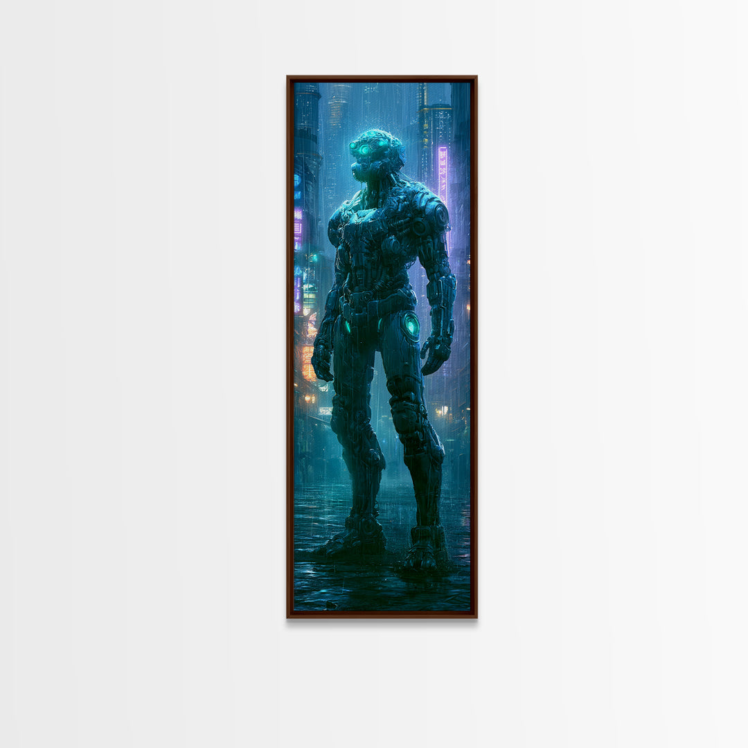 Mech Silhouette in Rainy Neon City Canvas Print, Scifi Art, Weird Art, Living Room Decor, Abstract Art, Orbit, Art Print, SCI-1x3-51