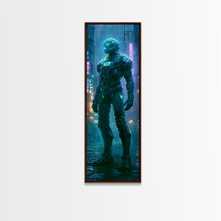 Mech Silhouette in Rainy Neon City Canvas Print, Scifi Art, Weird Art, Living Room Decor, Abstract Art, Orbit, Art Print, SCI-1x3-51