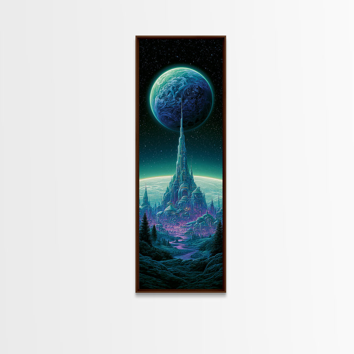 Moon Colony Beneath Earth Rise Framed Canvas Print, Scifi Art, Retro Futurism Art, Living Room Decor, Oil Painting, Orbit, SCI-1x3-54