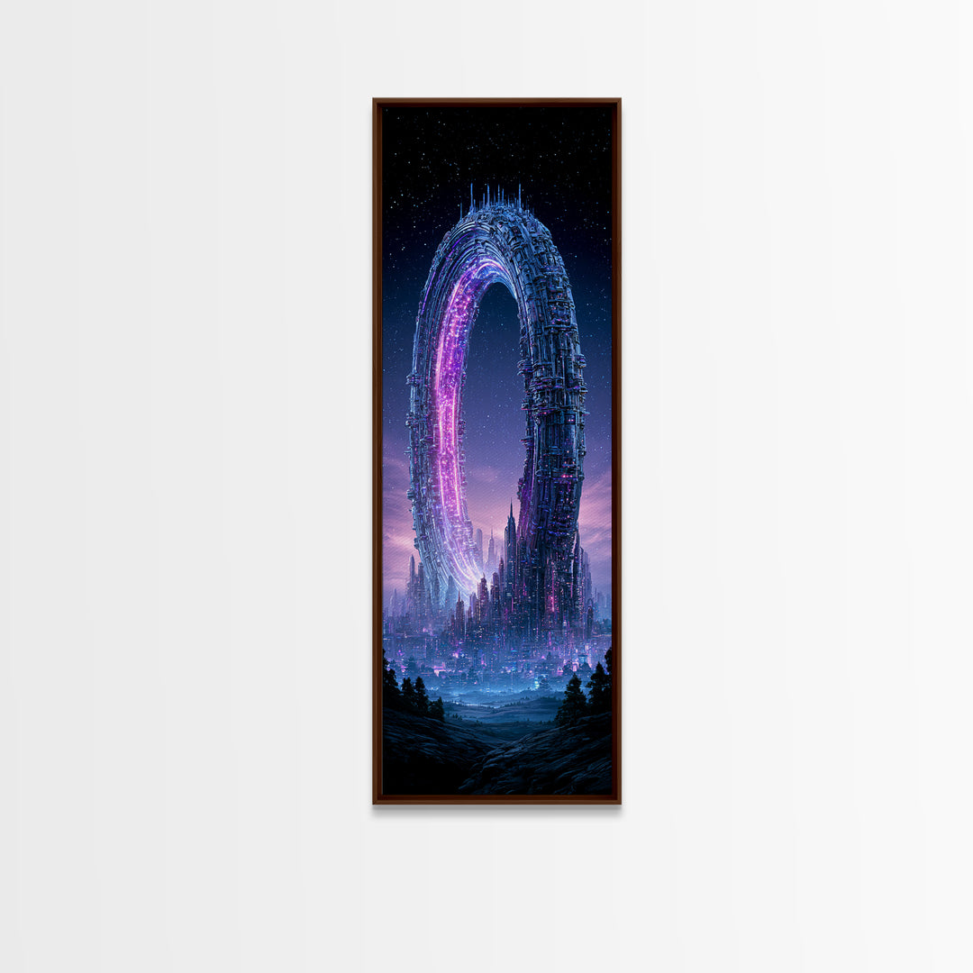 Giant Ring World Seen from a Valley Canvas Print, Scifi Art, Mid Century Art, Living Room Decor, Fine Art, Orbit, Neutral Decor, SCI-1x3-68