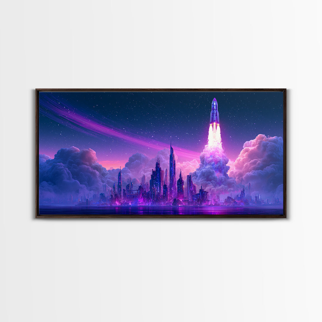 Retro Rocket Launching Through Cloud Rings Framed Canvas Print, Scifi Art, Boho Decor, Living Room Decor, Oil Painting, Orbit, SCI-2x1-27