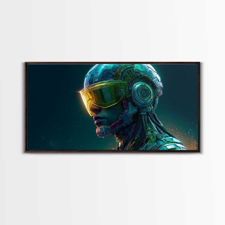 Cyborg Portrait with Reflective Visor Framed Canvas Print, Scifi Art, Original Art, Living Room Decor, Fine Art, Orbit, SCI-2x1-29