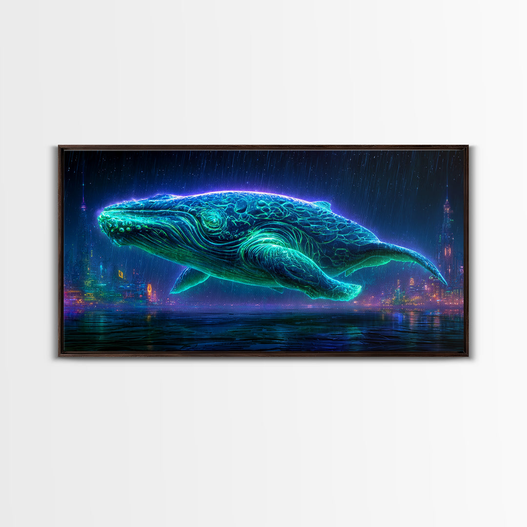 Cosmic Whale Swimming Through Deep Space Framed Canvas Print, Scifi Art, Decor, Living Room Decor, Oil Painting, Orbit, SCI-2x1-60