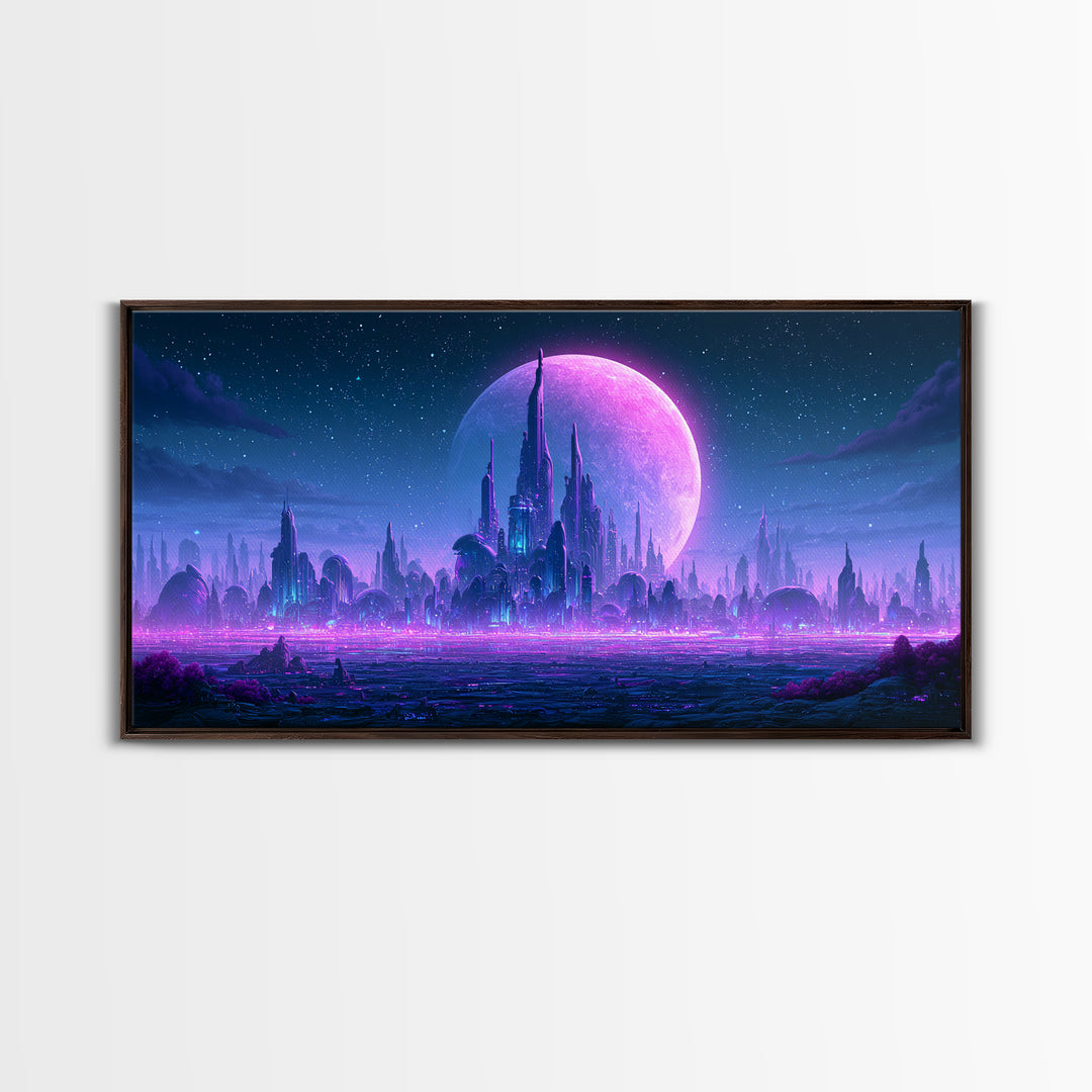 Futuristic City on a Moonlit World Canvas Print, Scifi Art, Weird Art, Living Room Decor, Abstract Art, Orbit, Art Print, SCI-2x1-71