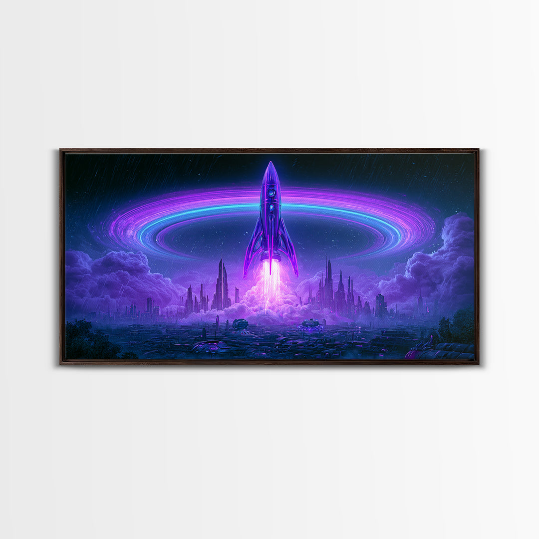 Retro Rocket Launching Through Cloud Rings Framed Canvas Print, Scifi Art, Art Print, Living Room Decor, Fine Art, Orbit, SCI-2x1-75