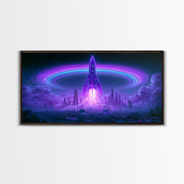 Retro Rocket Launching Through Cloud Rings Framed Canvas Print, Scifi Art, Art Print, Living Room Decor, Fine Art, Orbit, SCI-2x1-75
