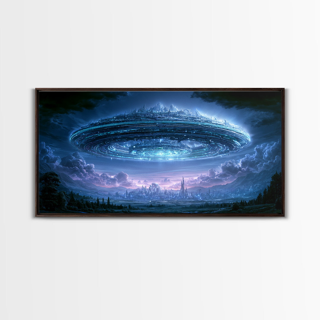 Giant Ring World Seen from a Valley Canvas Print, Scifi Art, Modern Art, Living Room Decor, Fine Art, Orbit, Retro Futurism Art, SCI-2x1-76