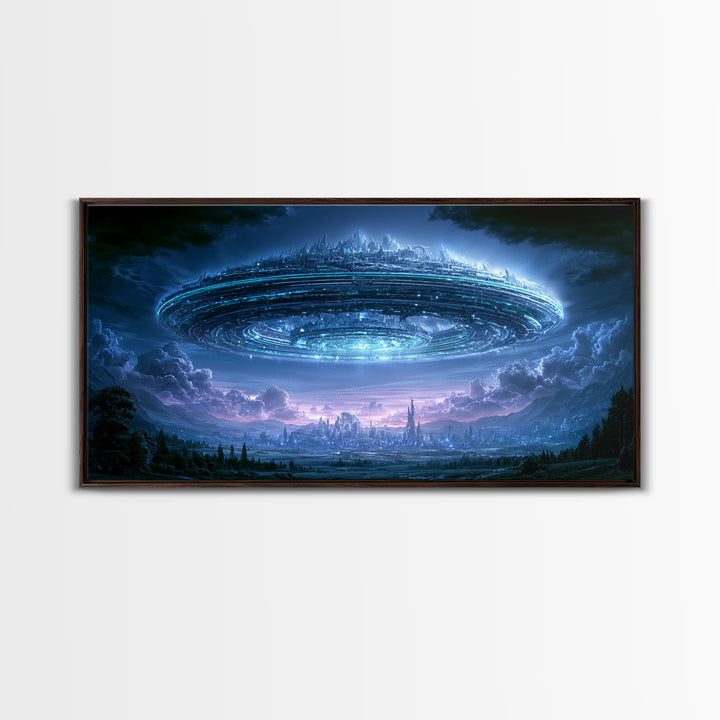 Giant Ring World Seen from a Valley Canvas Print, Scifi Art, Modern Art, Living Room Decor, Fine Art, Orbit, Retro Futurism Art, SCI-2x1-76