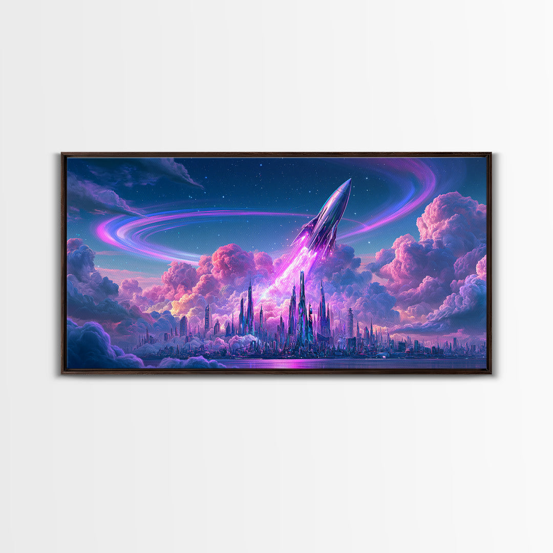 Retro Rocket Launching Through Cloud Rings Framed Canvas Print, Scifi Art, Pop Art, Living Room Decor, Fine Art, Orbit, SCI-2x1-99